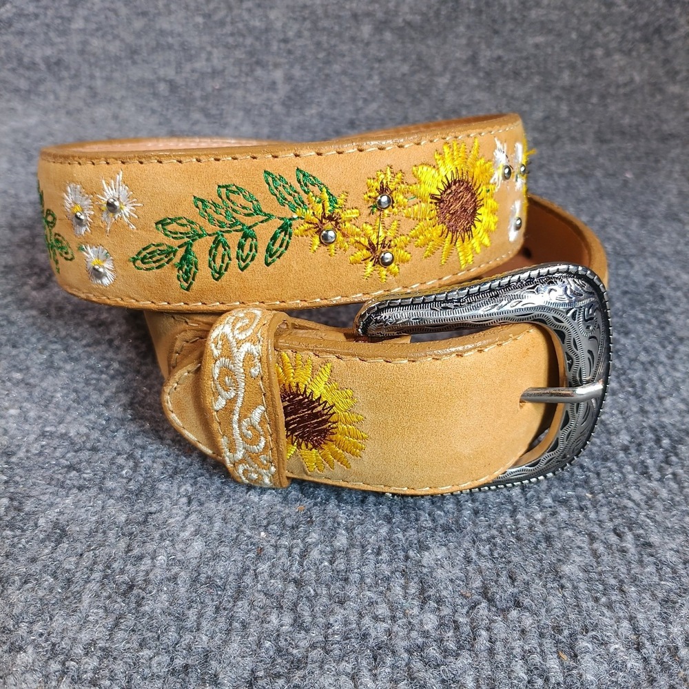 Embroidered Western Belt Women Sz 30 Tan Leather Sunflower Daisy Studded Cowgirl